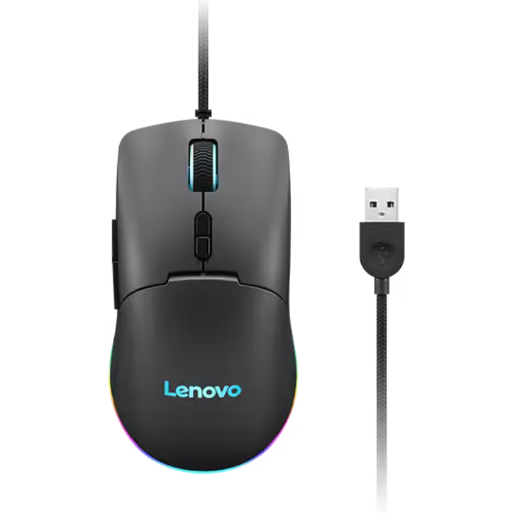 Black Lenovo gaming mouse with RGB lighting and USB cord.