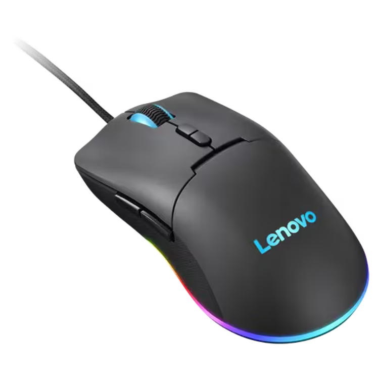 Black Lenovo gaming mouse with RGB lighting and cord, rainbow LED light on bottom edge.