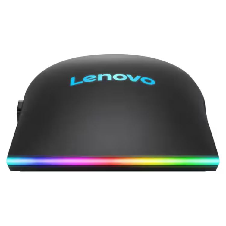 Lenovo M210 RGB gaming mouse, black with rainbow light strip.
