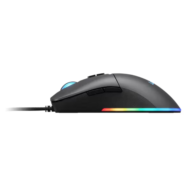 Black Lenovo gaming mouse with RGB rainbow light, cord and blue accents.
