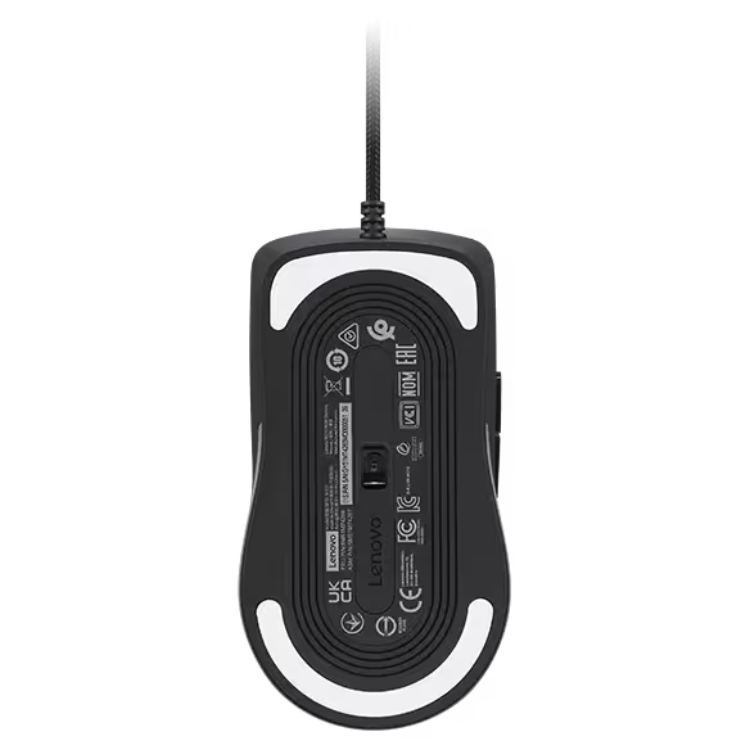 Black Lenovo gaming mouse with RGB, corded, ergonomic design.