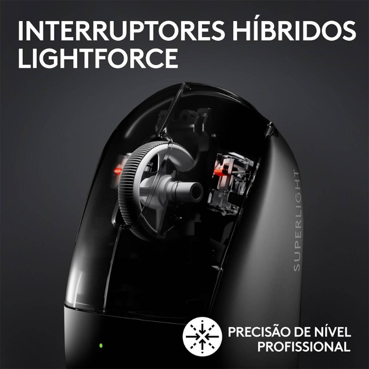 Black Logitech gaming mouse, internal mechanism visible, 44000 DPI, wireless.