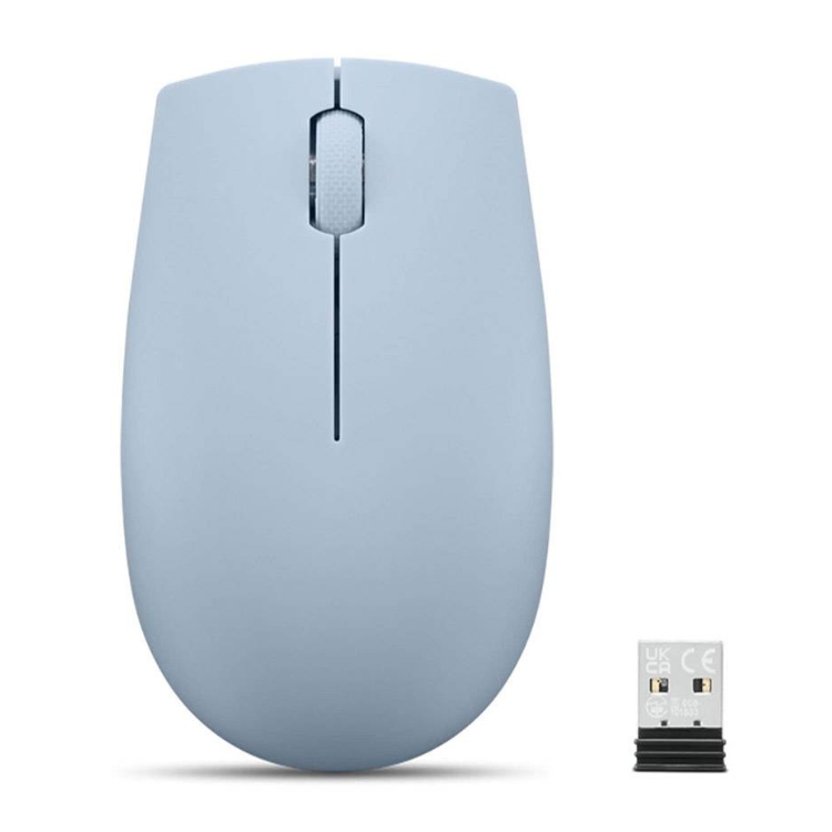 Lenovo 300 compact wireless mouse, blue, 1000 DPI optical, with USB receiver.