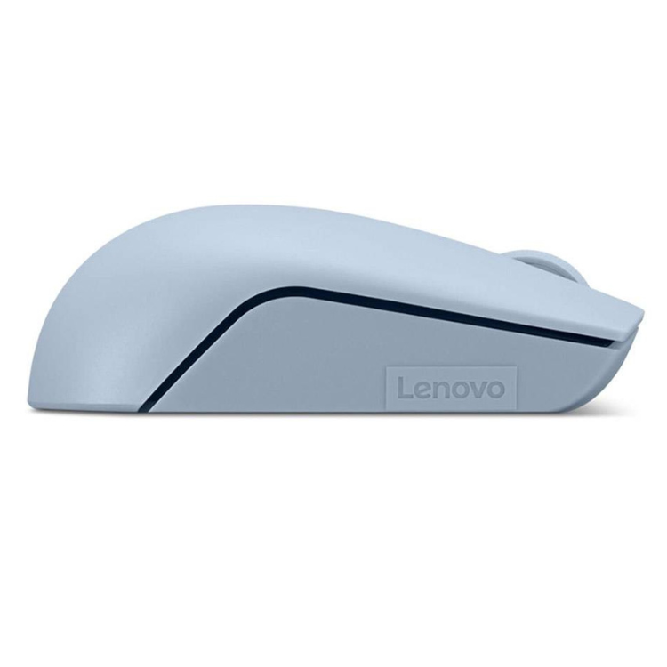 Lenovo compact wireless mouse, blue, 1000 DPI optical, side view.