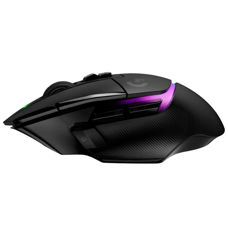 Black Logitech G502 X Plus gaming mouse with purple accent, RGB lighting, and 25600 DPI.