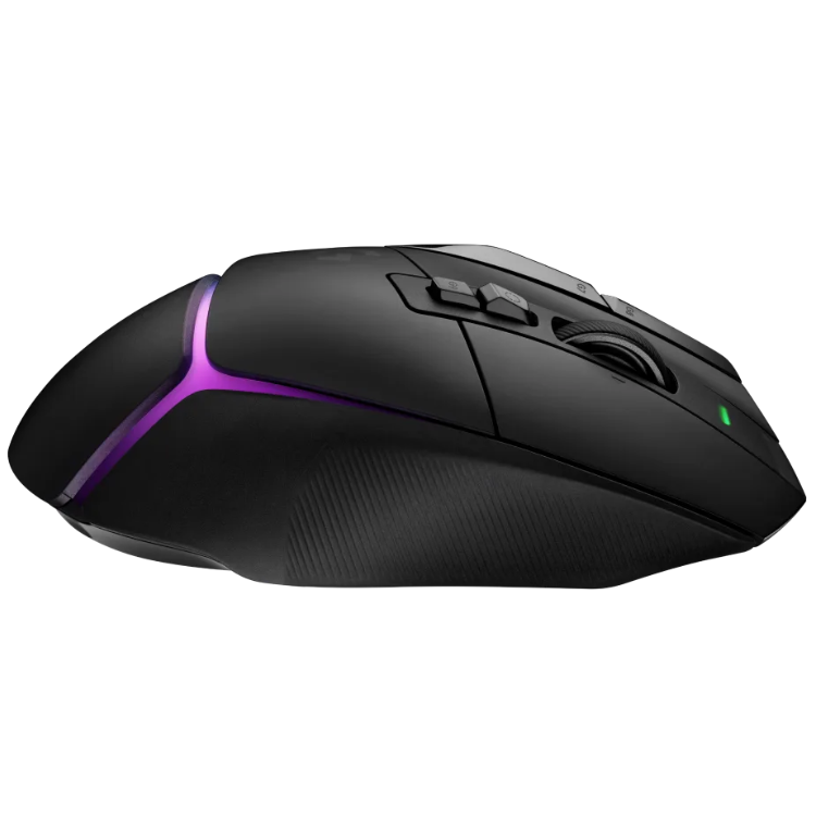 Black Logitech G502 X Plus gaming mouse with purple accents and RGB lighting.