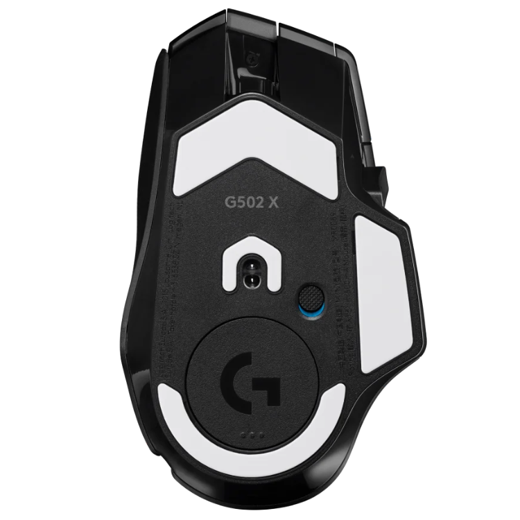 Black Logitech G502 X Plus gaming mouse, wireless, RGB, 25600 DPI, bottom view.