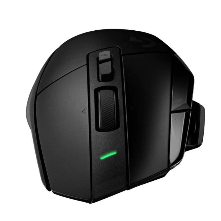 Black Logitech G502 X Plus gaming mouse with green light, wireless RGB.