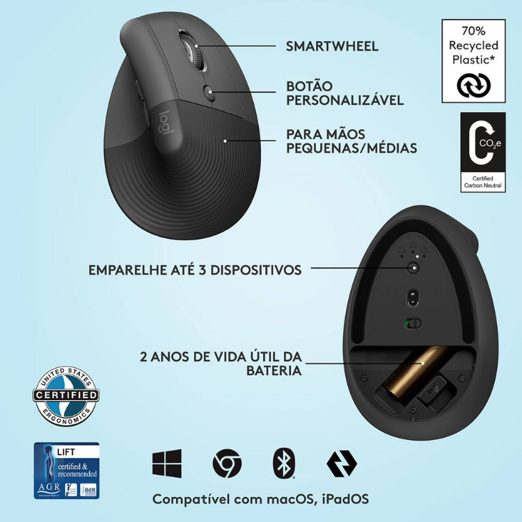 Rato Óptico Logitech Lift Vertical Direita Preto