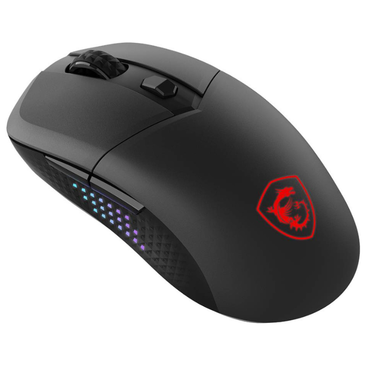 Black MSI gaming mouse with RGB lights, 26000 DPI, red dragon logo.