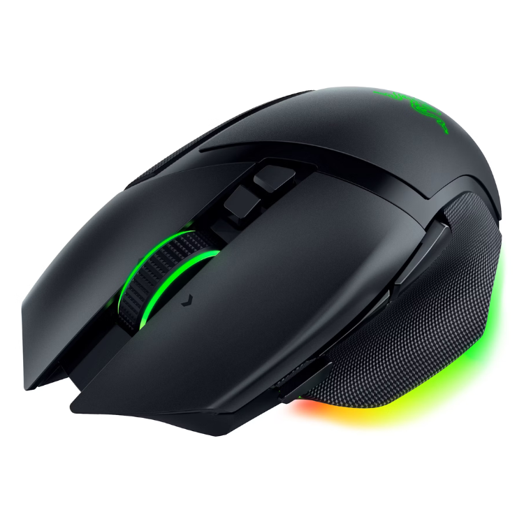 Black Razer Basilisk V3 Pro gaming mouse with green RGB lighting, 30000 DPI optical sensor.