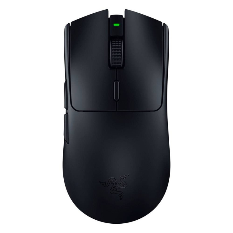 Black Razer gaming mouse with green LED light, 30000 DPI, wireless.