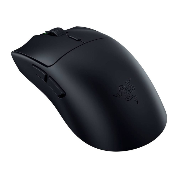 Black Razer gaming mouse, 30000 DPI, wireless, ergonomic design.