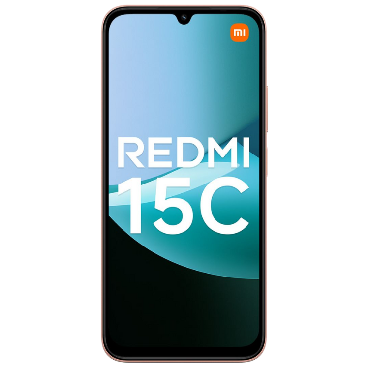 Smartphone Xiaomi Redmi 15C laranja, com ecrã grande e logotipo Redmi e Mi visível.