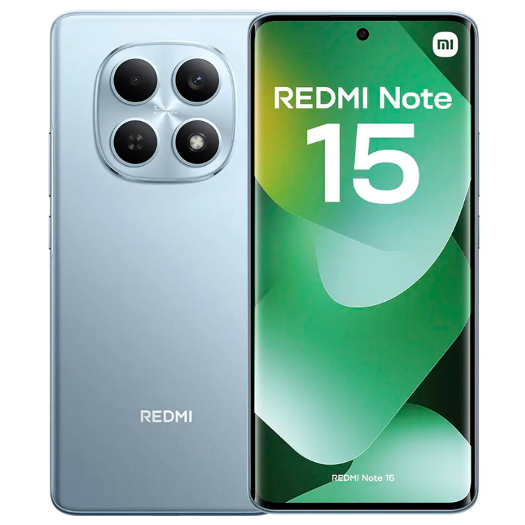 Smartphone Xiaomi Redmi Note 15, azul, 8GB/256GB, câmaras triplas, ecrã verde com logótipo Redmi.
