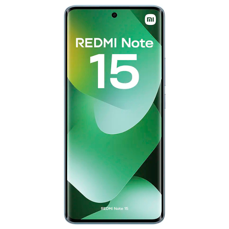 Smartphone Xiaomi Redmi Note 15, 8GB/256GB, Dual Sim, cor azul não visível, frente com ecrã verde.