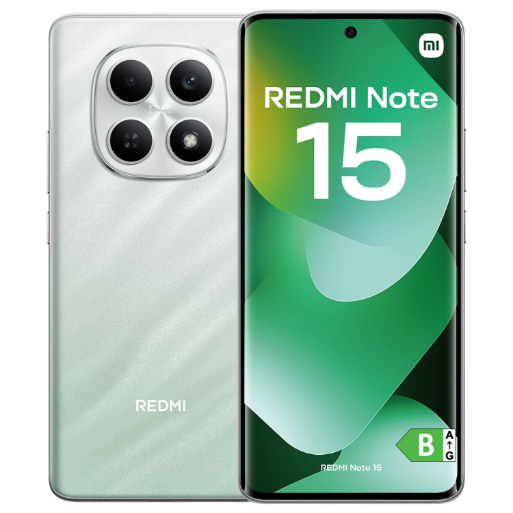 Smartphone Xiaomi Redmi Note 15 verde, 8GB/256GB, Dual Sim, com ecrã e quatro câmaras traseiras.
