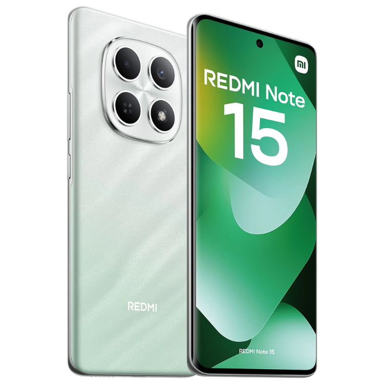 Smartphone Xiaomi Redmi Note 15 verde, 6GB/128GB, Dual Sim, com quatro câmeras e ecrã colorido.
