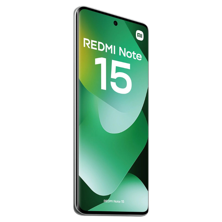 Smartphone Xiaomi Redmi Note 15 verde, com ecrã e logótipo visível.