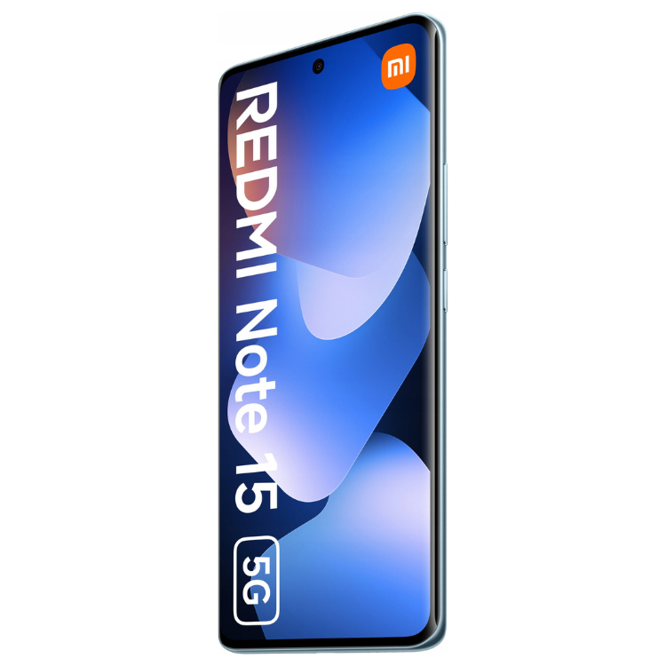 Smartphone Xiaomi Redmi Note 15 5G azul, com ecrã e logótipo Xiaomi.