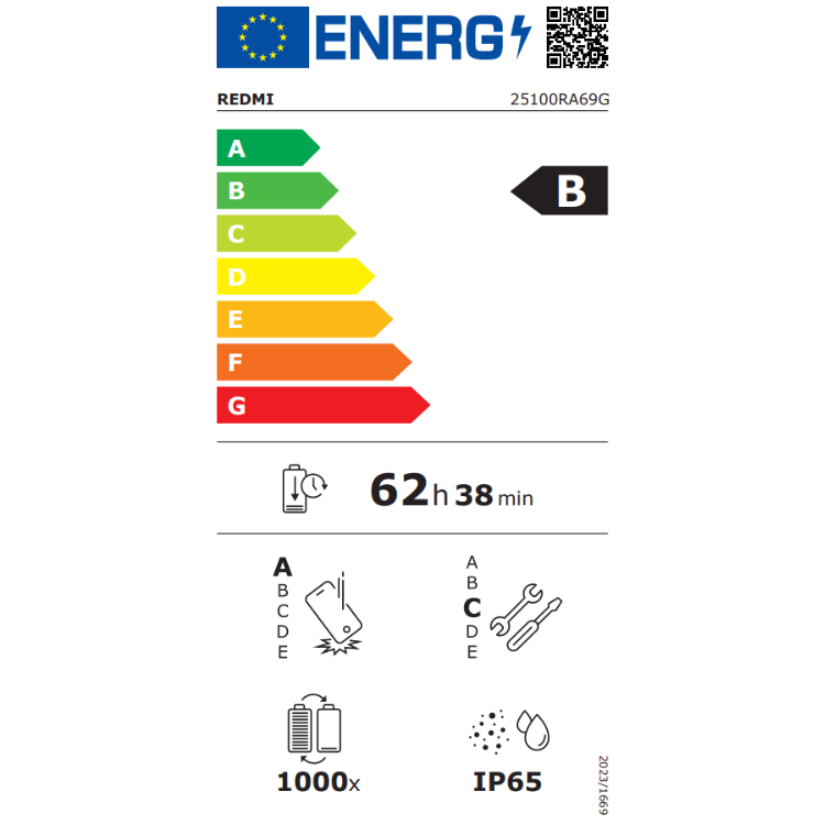 Etiqueta energética do Xiaomi Redmi, eficiência B, bateria 62h 38min, zoom 1000x, resistência IP65.