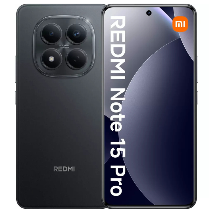 Xiaomi Redmi Note 15 Pro preto, 12GB/512GB, câmaras quádruplas e ecrã com logótipo Redmi e Mi.