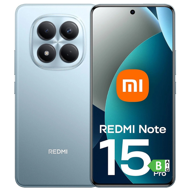 Smartphone Xiaomi Redmi Note 15 Pro azul, 8GB/256GB, Dual Sim, com quatro câmeras na parte traseira e ecrã colorido.