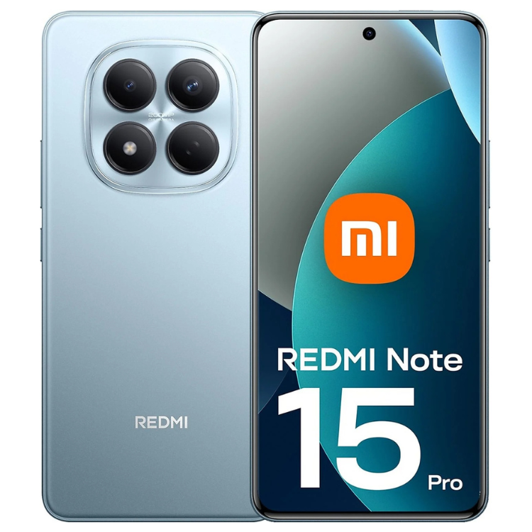 Smartphone Xiaomi Redmi Note 15 Pro azul, 8GB/256GB, Dual Sim, com quatro câmeras traseiras e ecrã colorido.
