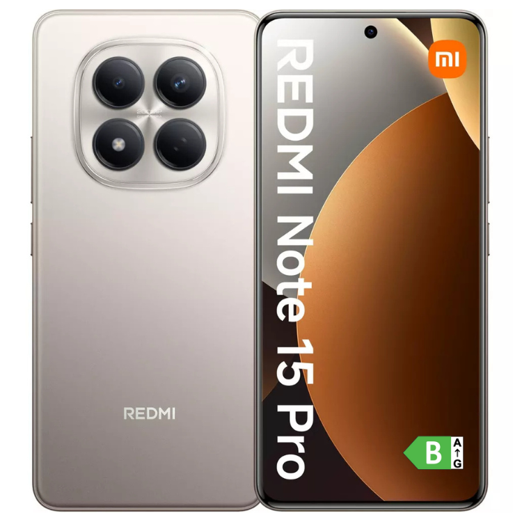 Smartphone Xiaomi Redmi Note 15 Pro prata,  câmaras quádruplas e ecrã com logótipo Redmi e Mi.