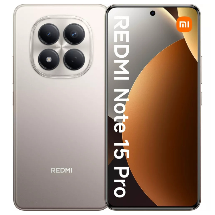 Smartphone Xiaomi Redmi Note 15 Pro cor Titânio, com quatro câmeras na parte de trás e ecrã colorido.