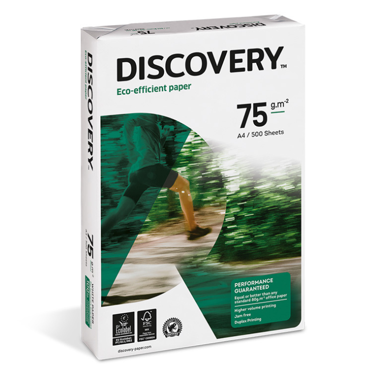 Discovery eco-efficient A4 paper, 75 g/m², 500 sheets, white.