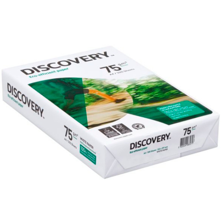 White box of Discovery eco-efficient A4 paper, 75 g/m², 500 sheets.
