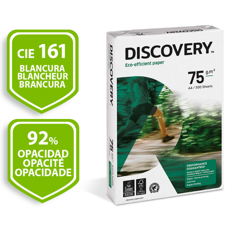 Discovery eco-efficient A4 paper, 75 g/m², 500 sheets, white.