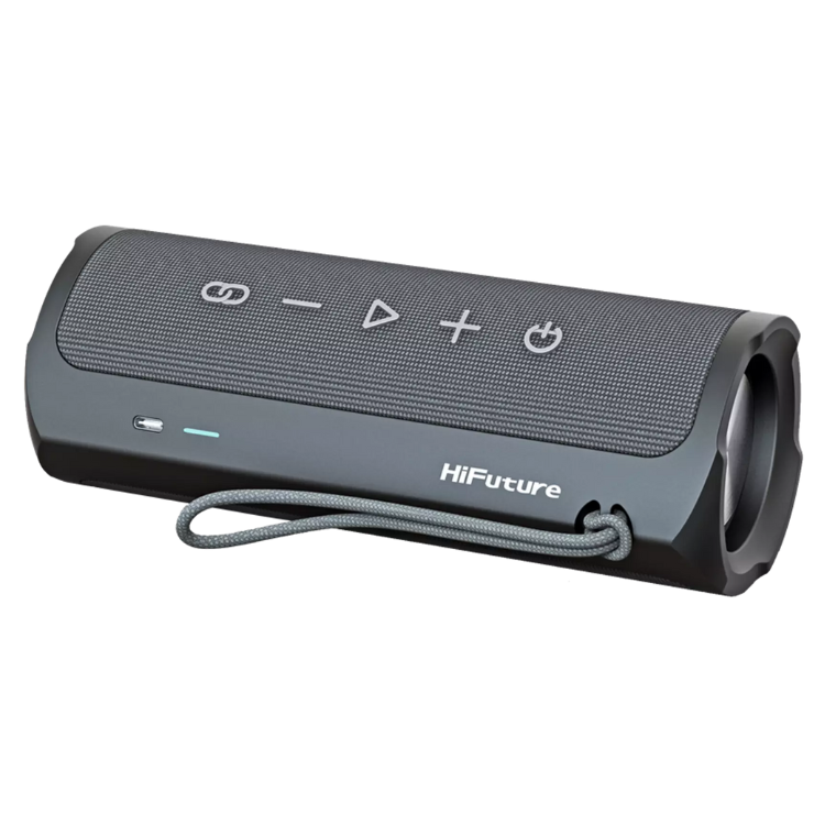 Black HiFuture portable Bluetooth speaker, 30W, with control buttons and wrist strap.