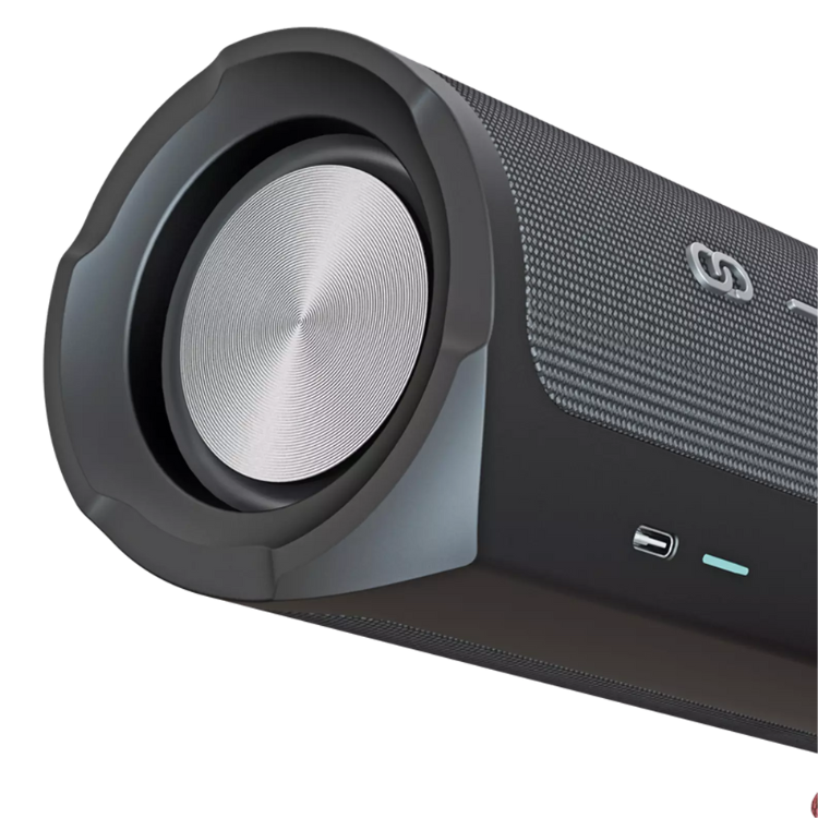 Black portable speaker, HiFuture Ripple 30W, silver grill, textured surface.