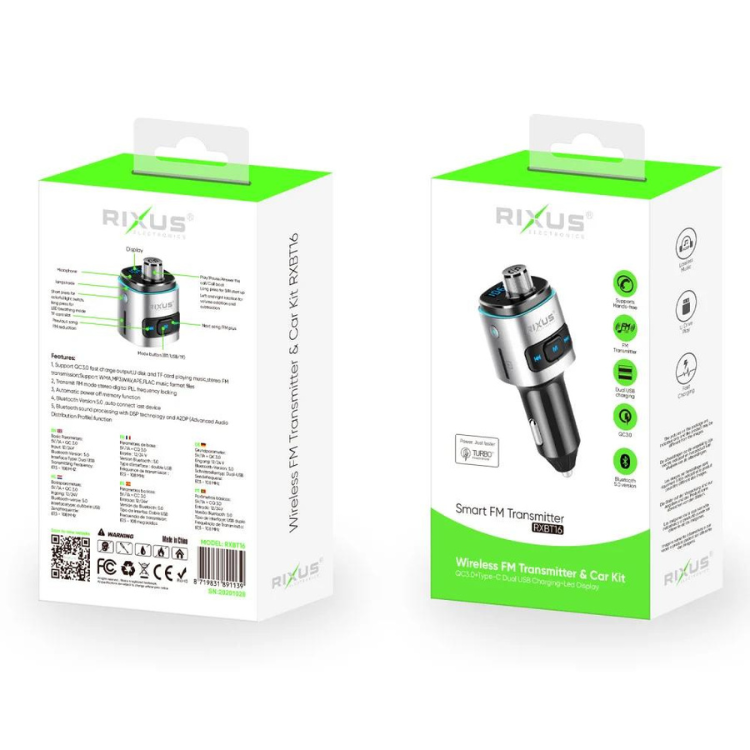 Transmissor FM/Carregador Rixus QC 3.0 Fast Charge