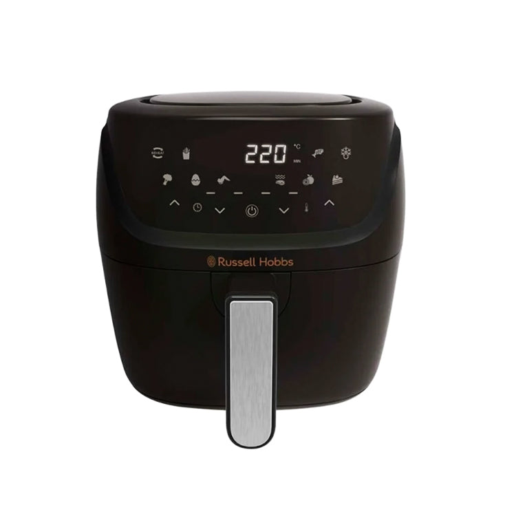 Black Russell Hobbs air fryer with digital display and silver handle.