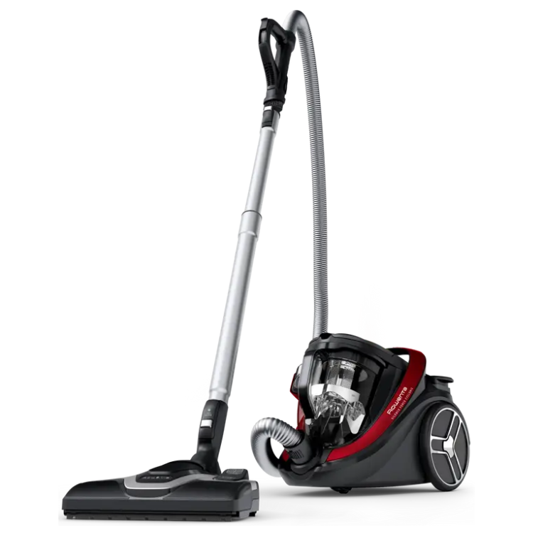 Rowenta Silence Force Cyclonic Effitech vacuum cleaner, black and red, bagless, with silver handle and hose.