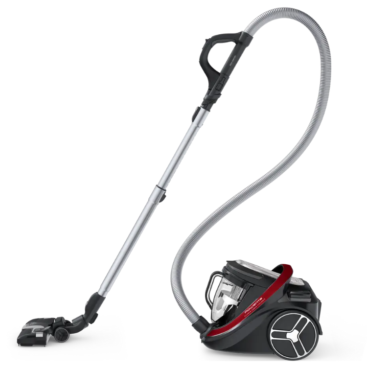 Rowenta Silence Force Cyclonic Effitech vacuum cleaner, black and red, bagless, with long silver handle and hose.