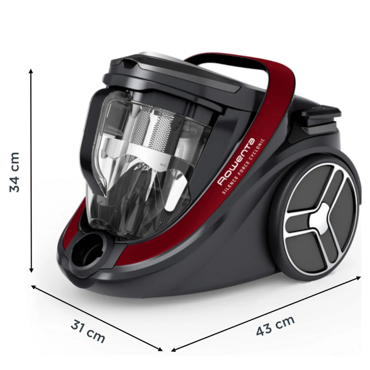 Rowenta Silence Force Cyclonic Effitech vacuum cleaner, black and red, with clear container and wheel.