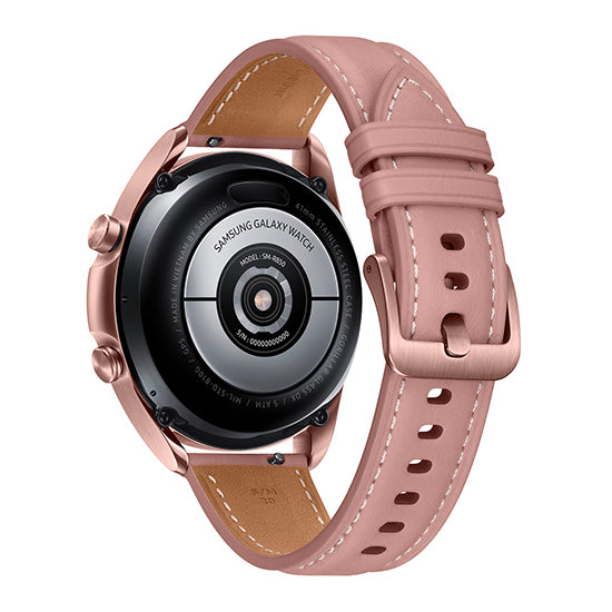 Relógio inteligente Samsung Galaxy Watch3, 41mm, LTE, bronze, pulseira de couro rosa.