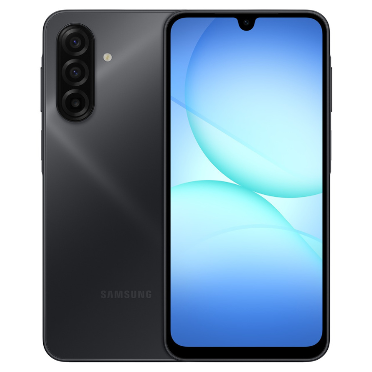 Samsung Galaxy A17 preto, smartphone com três câmaras e ecrã ligado.