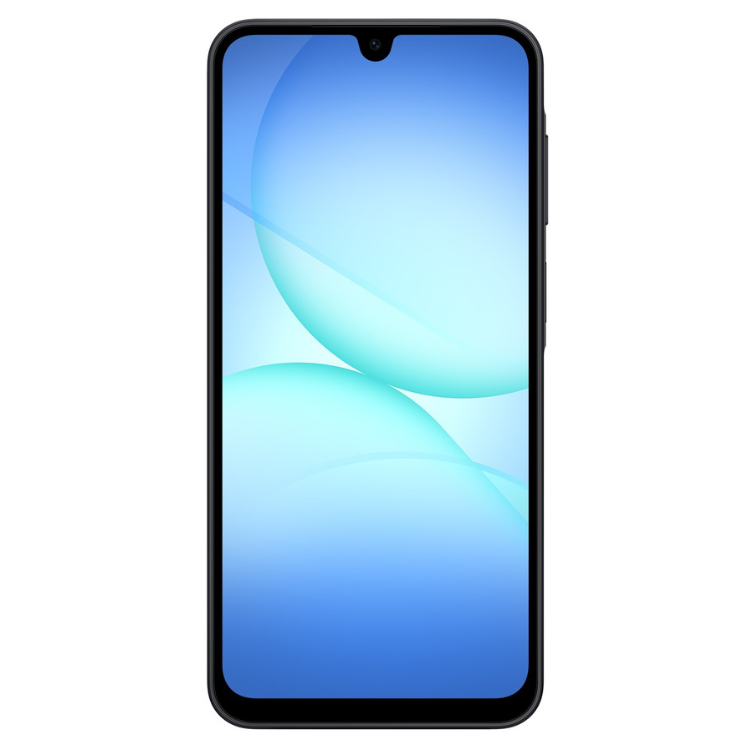Samsung Galaxy A17, smartphone preto com ecrã azul dégradé.