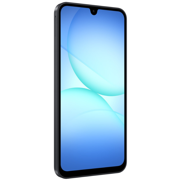 Samsung Galaxy A17, smartphone preto com ecrã de tons de azul.