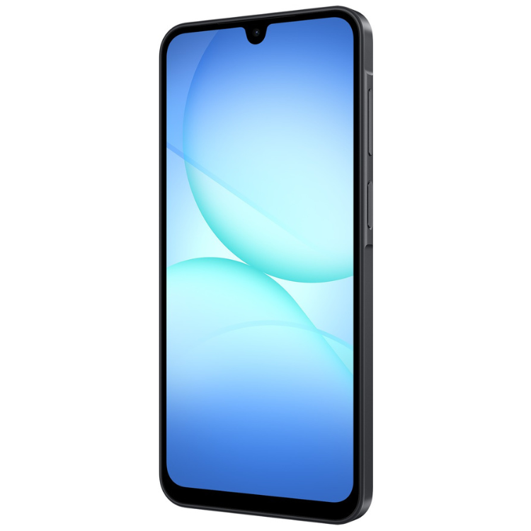 Samsung Galaxy A17, smartphone preto com ecrã azul.