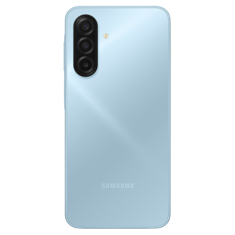 Samsung Galaxy A17, smartphone azul claro, câmara tripla, marca Samsung na parte inferior.