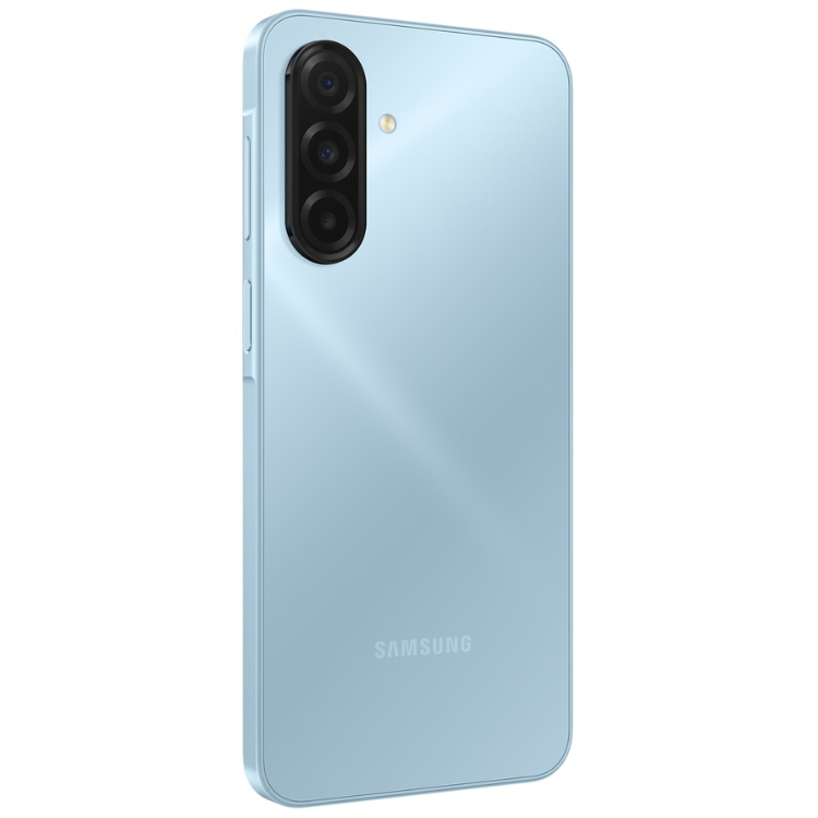Samsung Galaxy A17, azul claro, 4 câmeras traseiras, marca Samsung na parte inferior.