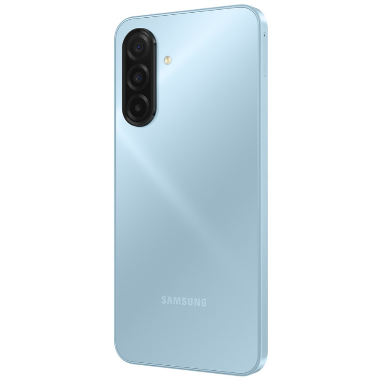 Samsung Galaxy A17, azul claro, 4 câmeras traseiras, marca Samsung na parte inferior.