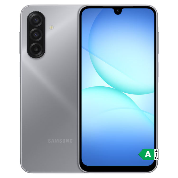 Samsung Galaxy A17 cinzento, smartphone com três câmaras traseiras e ecrã azul.