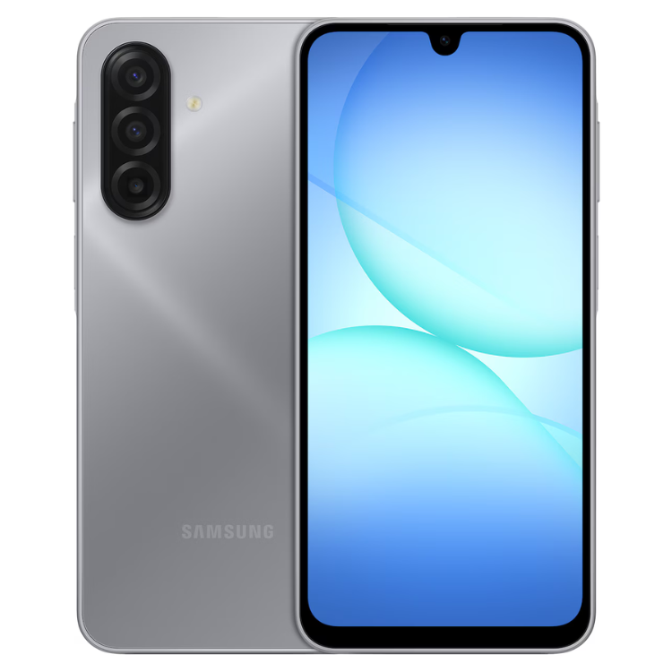 Samsung Galaxy A17 cinzento, smartphone com ecrã azul e três câmaras traseiras.